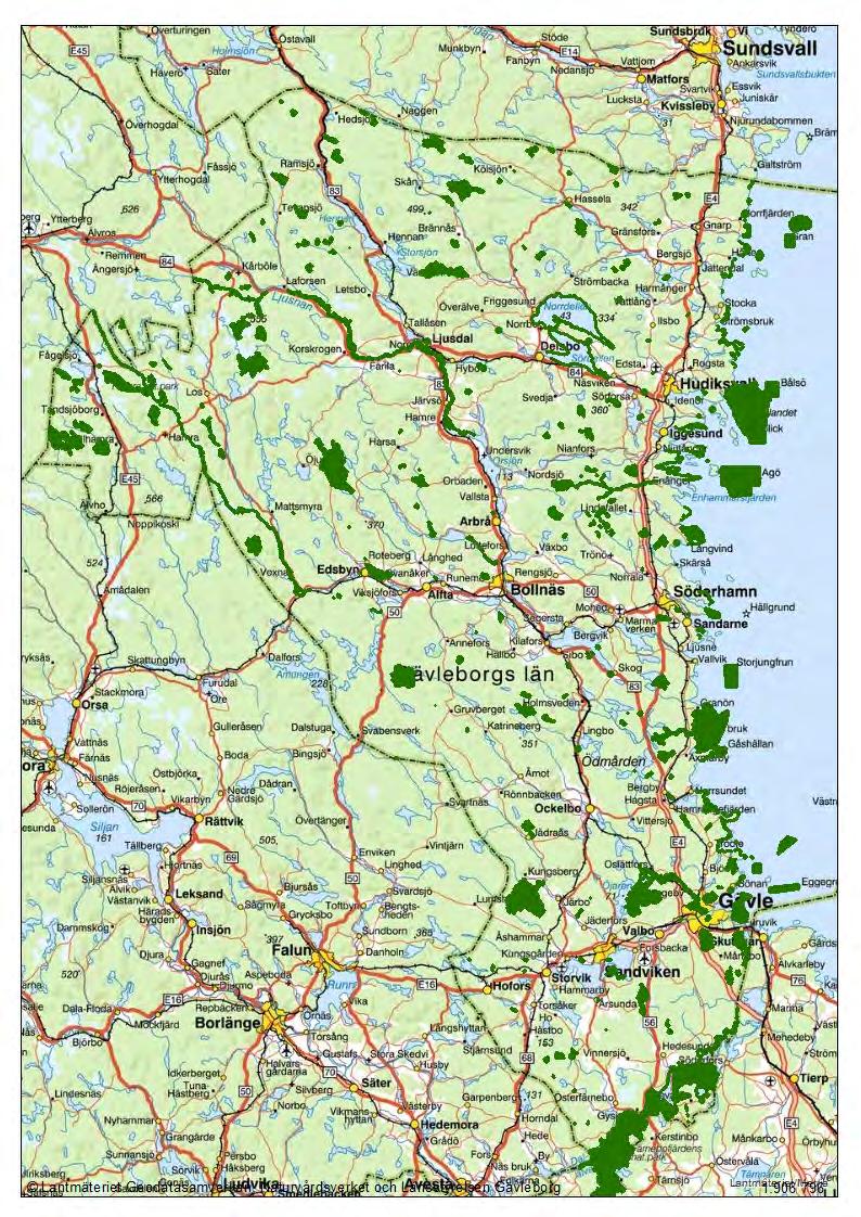 och i länets sydligaste del finns Ramsarområdet Färnebofjärden, som delas med grannlänen Västmanland, Uppsala och Dalarna. Figur X: Länets skyddade områden. 6.