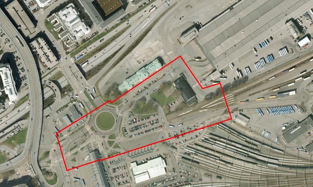Flygfoto med planområdet markerat med röd linje. Planområdet omfattar cirka 4 hektar. Göteborgs Stad äger merparten av marken inom planområdet.