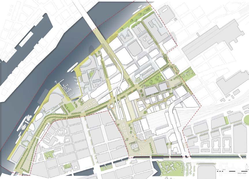 Kopplingar skapas till älven och till nya stadsdelen Gullbergsvass och kajstråket lyfts fram. Målbilden är ett finmaskigt nät för fotgängare, en tät stad och en stad i ögonhöjd.