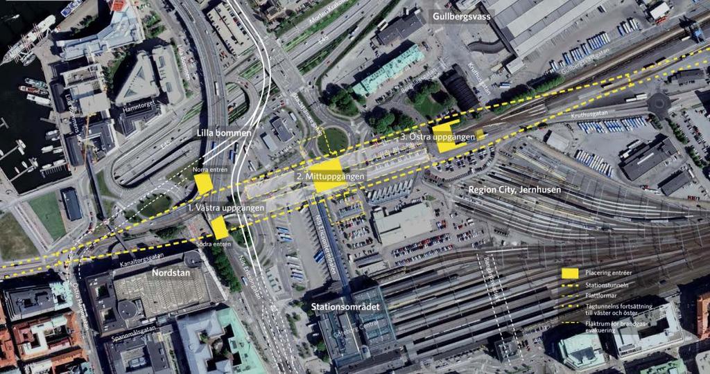 Gul markering visar uppgångslägen för Station Centralen, streckade linjer visar järnvägstunnelns yttre gränser, fläktrum och plattformar. Bild Metro arkitekter för Trafikverket, juli 2014.