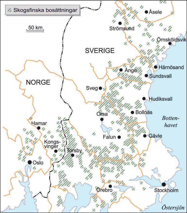 Figur 10, Karta över de skogsfinska bosättningarna i Skandinavien. Källa: Wedin och Johansson 2004. 5.