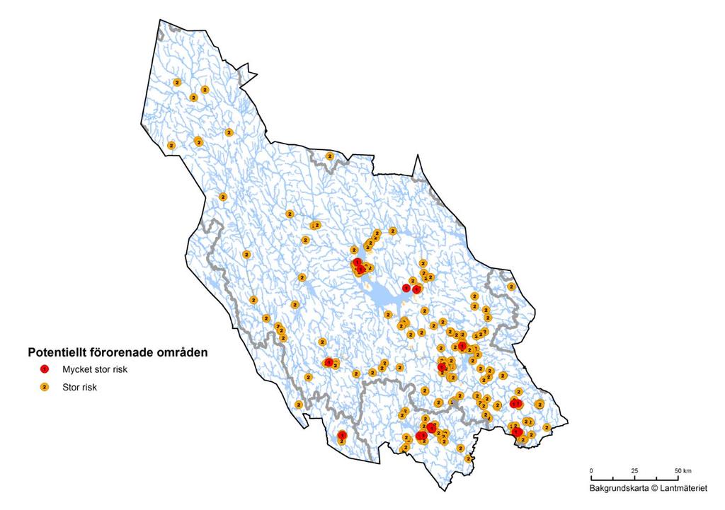 Figur 12. Förorenade områden riskklass 1 och 2 inom Dalarnas län.