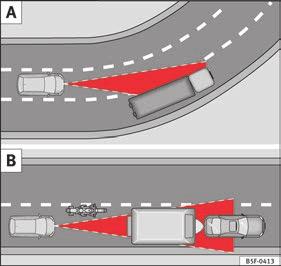 Speciella körsituationer Bild 199 (A) Fordon i en kurva. (B) Framförvarande motorcyklist utanför radarsensorns räckvidd. Användning Bild 200 (C) Fordon som byter fil.