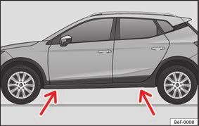 Hissa upp bilen Bild 82 Punkter för placering av domkraft. Bild 83 Montera domkraft. Placera domkraftens* (verktygssatsen) på fast mark.