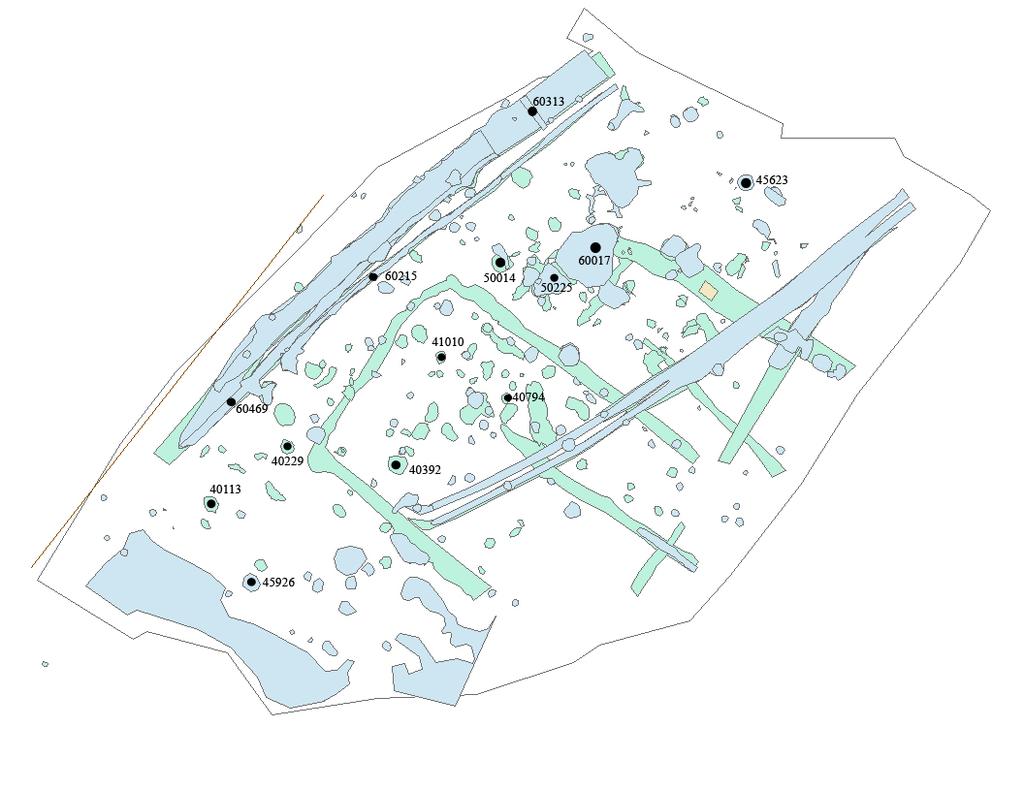 Figur : Planritning över område A på Ytterbyboplatsen med de provtagna anläggningarna markerade med svarta punkter.