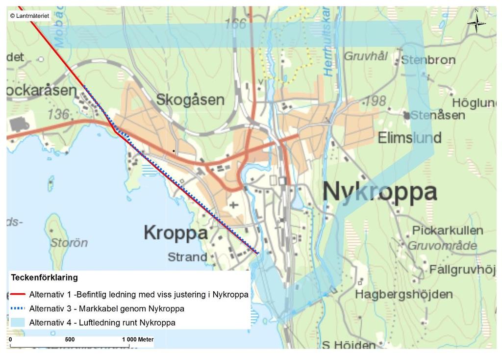 Figur 6, alternativ 3 och 4, markkabel genom Nykroppa och luftledning runt Nykroppa.