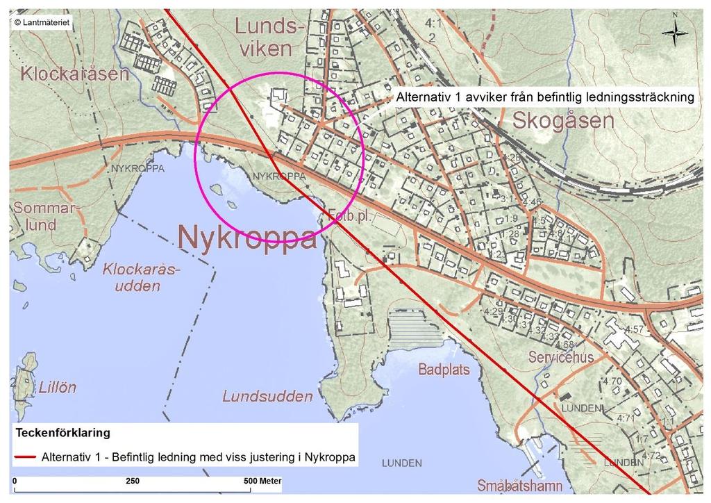 Figur 2, justering av befintlig ledningssträckning vid Nykroppa. Figur 3, foto GoogleMaps från Kungsvägen riktning österut.