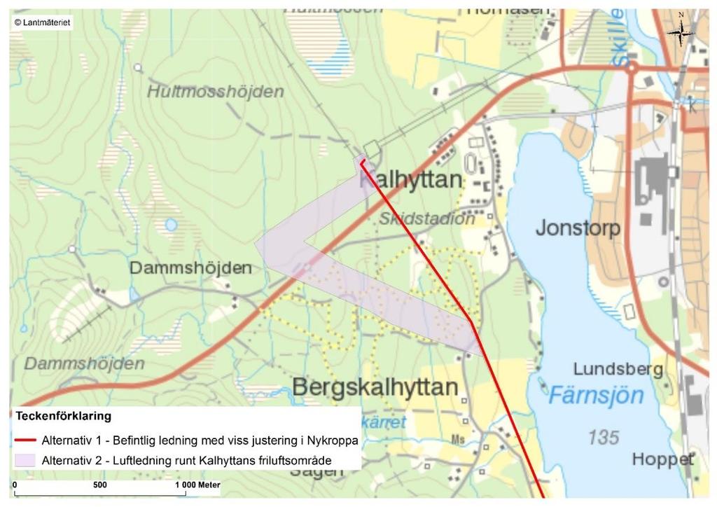 Alternativ 2, Kalhyttan Stråkalternativ 2 innebär att friluftsområdet i Kalhyttan till stor utsträckning kan undvikas vid ombyggnationen av ledningen.