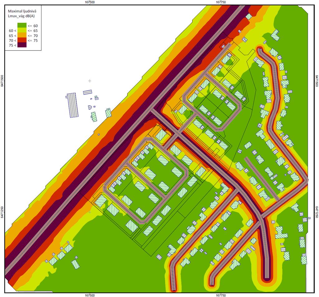 6.2.2 Bilaga U1b: Maximal ljudnivå vid uteplats utan åtgärder I figuren nedan beskrivs ljudutbredningen med avseende på maximala ljudnivåer, med uppräknad trafik motsvarande år 2040, utan förslag på