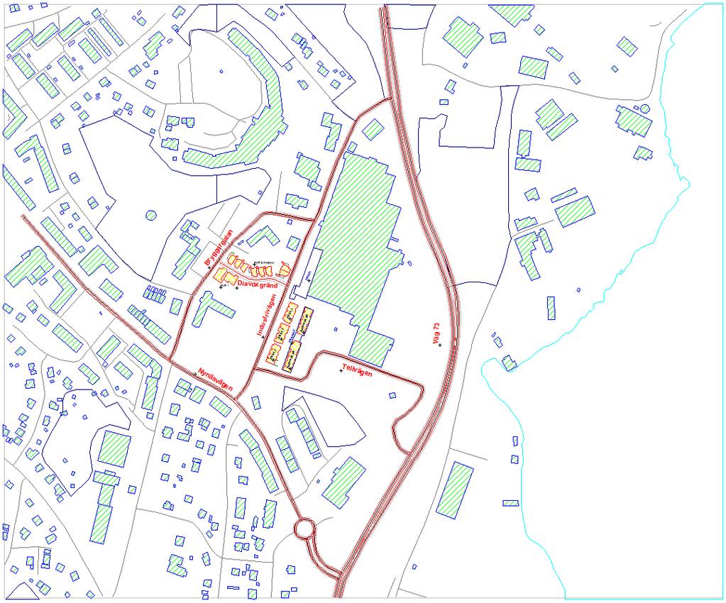 2016-06-23, sid 7 (13) Figur 4. Uppbyggd modell i SoundPLAN med vägar och byggnader.