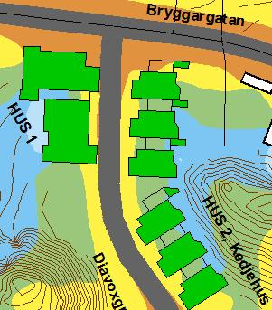 Hus 2 är 8 kedjehus i 2 våningar. Här redovisas bullerberäkningar för 6 av åtta kedjehus.