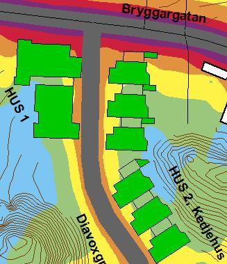 Byggnadernas placering, planlösningar och lägenhetsstorlek påverkas ej av bullersituationen. Figur 5. L Aeq,dygn frifältskorrigerat.