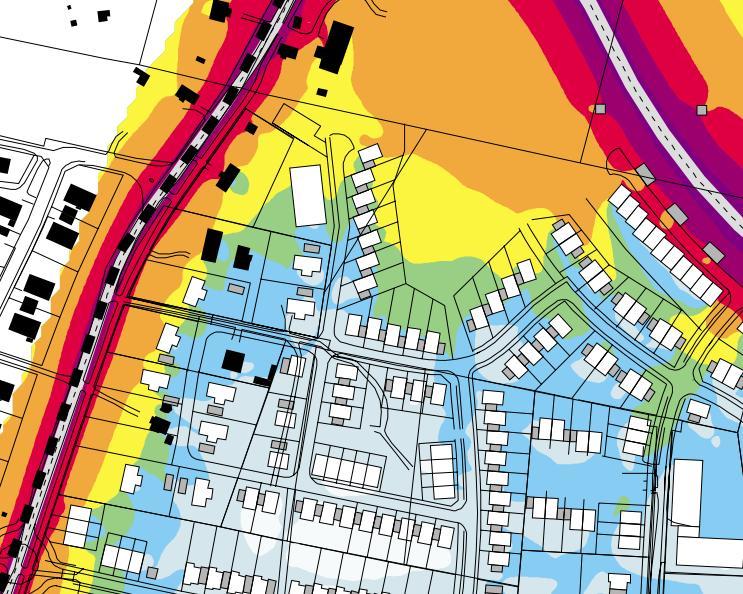 Figur 3 Byggnader ed placering och orientering so bör förändras sat förslag på bättre utforning. I kartorna kan tydligt ses att de ekvivalenta ljudnivåerna blir diensionerande för eventuella åtgärder.