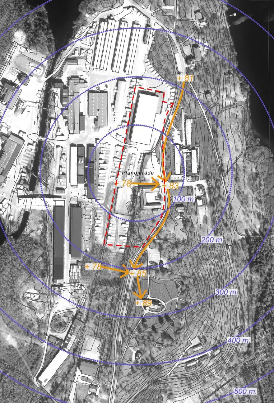 12 Kartillustration - terräng Det råder relativt stora höjdskillnader i området. Industriområdet ligger lägre än omgivningen.