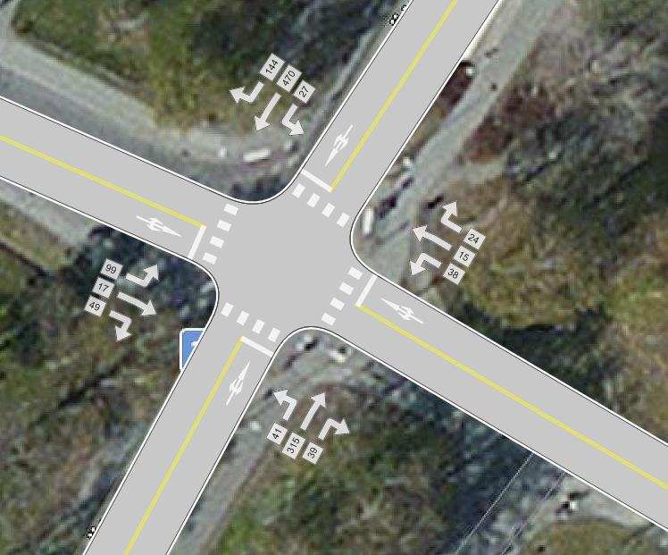 Samma trafikflöden gäller även i UA3 där korsningen utformas som cirkulationsplats. Figur 21.