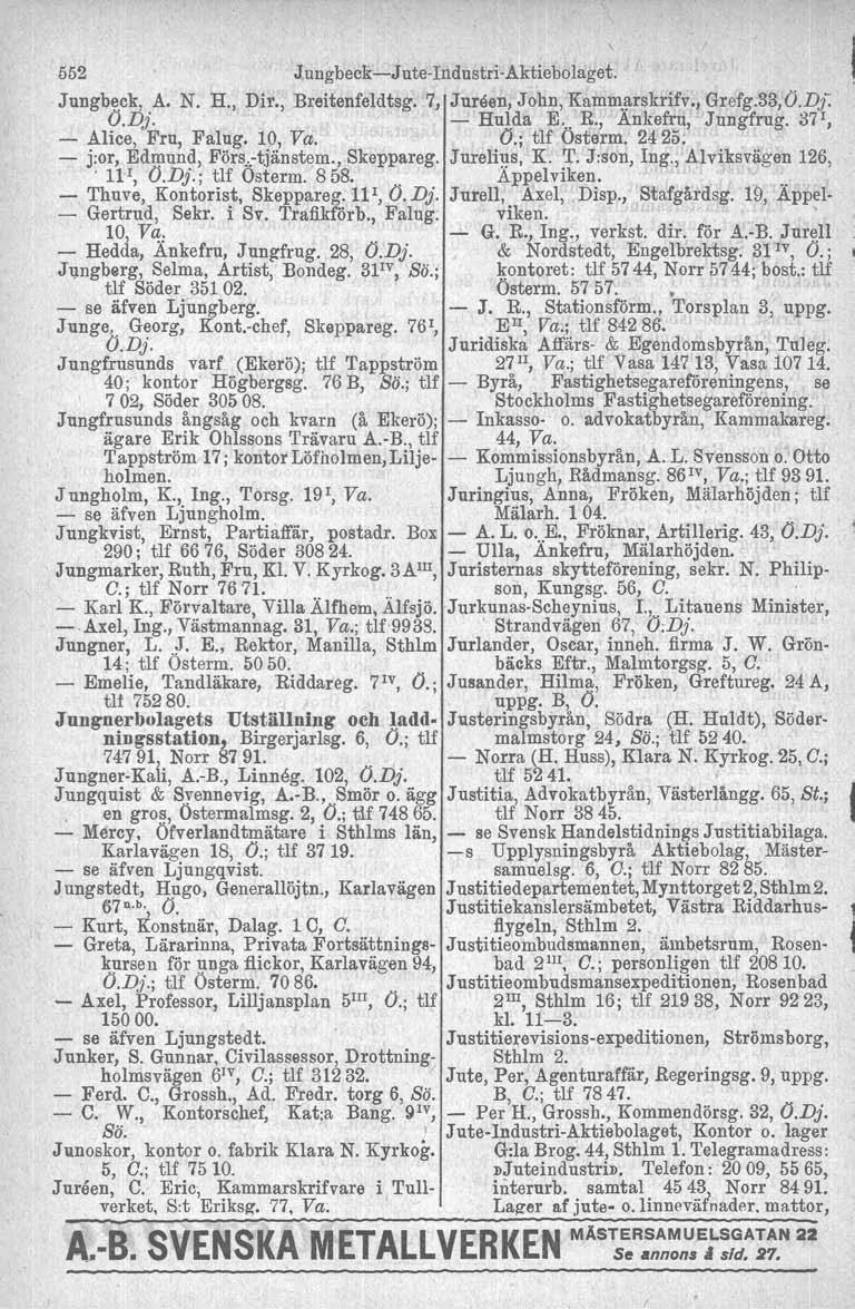 '552 Jungbeek-":'Jute-Industri-Aktiebolaget. Jungbeck, A. N. H., Dir., Breitenfeldtsg. 7, Jnräen, John, Kammarskrifv., Grefg.33,0.Dj: O.Di - Hulda E... R., Änkefru, Jungfrug.