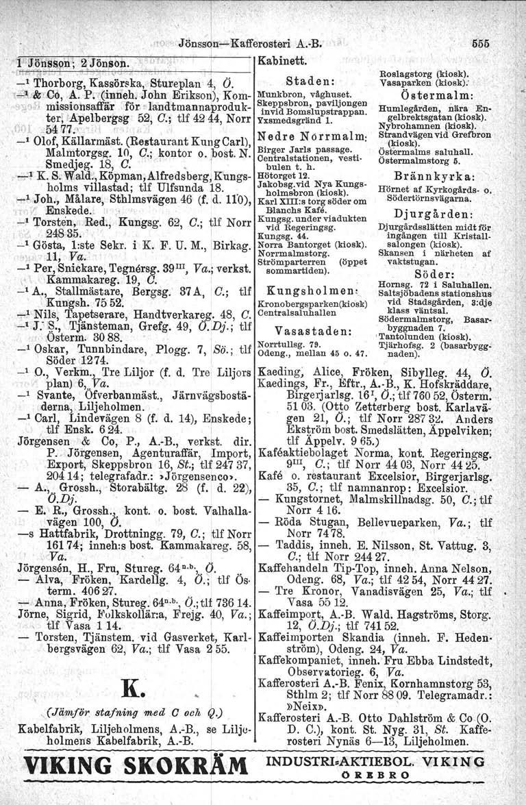 " 1 -, ' G -Iönssdn-> Kafferosteri A.-B. 555.JJ4~1l~9n ~ V~n~b~. Jr t= Kabinett. _l 'I'horborg, Kasaörska.vStuneplan 4, O. Staden:,"'-"1 '&"00, A. P.~~inneh"John Erikson), Kom- Munkbron, vägh~~et.