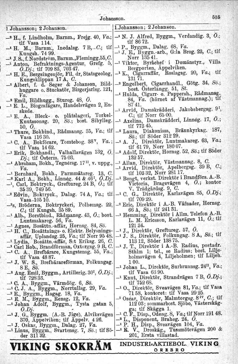 'l Johans,son; 2 Johanson. "'- Johansson. Il.Johansson; 2 Johanson...;.! H., f. Lindholm, Barnm., Frejg.40, Va.; _1 N. J. Alfred, Byggm., Verdandig. 3, b.; tlf Vasa 114. ' - tlf 8672., _1 H. M.