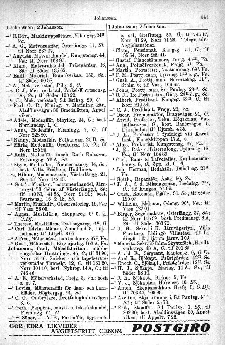 J ( Johanseon. 541-1 Johansson; 2 Johanson. 1 Johansson; 2 Johanson. _1 'C. Edv., Maskinuppsättare., Viking~g.2411l o. ost, Greftureg. 57, Ö.; tlf -74517, Va. '. Norr 4129, Norr 71 23. 'I'elegrc-adr.