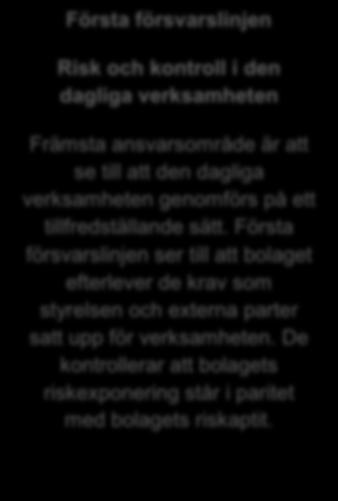 Riskhanteringsfunktionen har en central roll i ORSA-processen då det ingår i funktionens ansvar att övervaka processerna och säkerställa att de går i linje med Bolagets policy och riktlinjer. B.4.