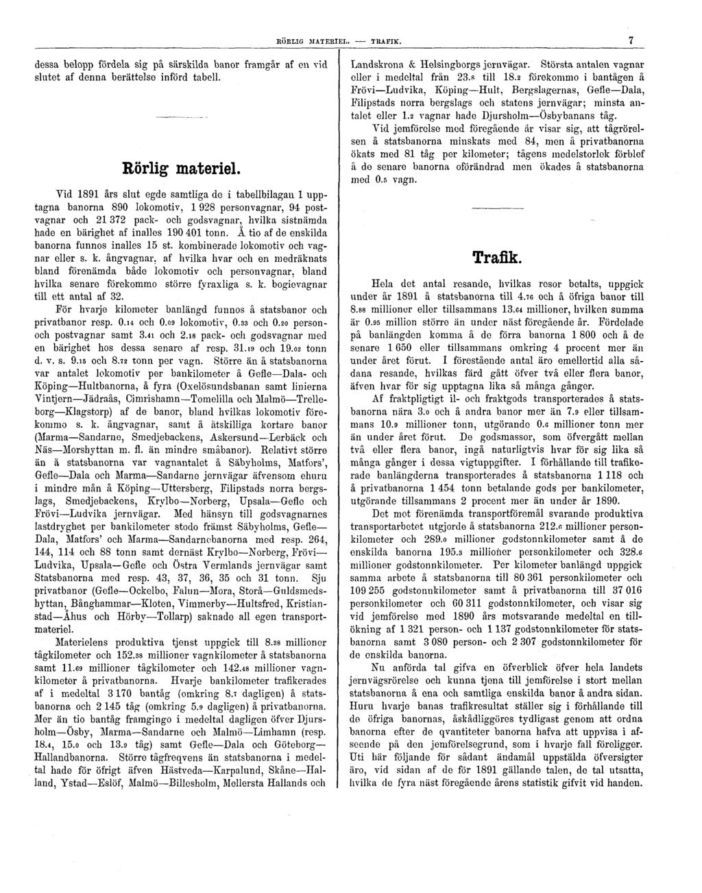 RÖRLIG MATERIEL. - TRAFIK. 7 dessa belopp fördela sig på särskilda banor framgår af en vid slutet af denna berättelse införd tabell. Rörlig materiel.