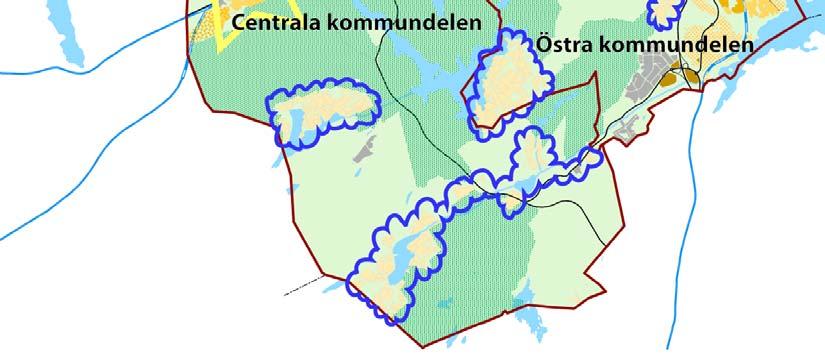 Stjärnorna i gult visar de i RUFS2010 utpekade regionala kärnorna. Västra kommundelen; I väster går E4/E20 och tunnelbanans ena gren, linje 13, mellan Norsborg och Ropsten.