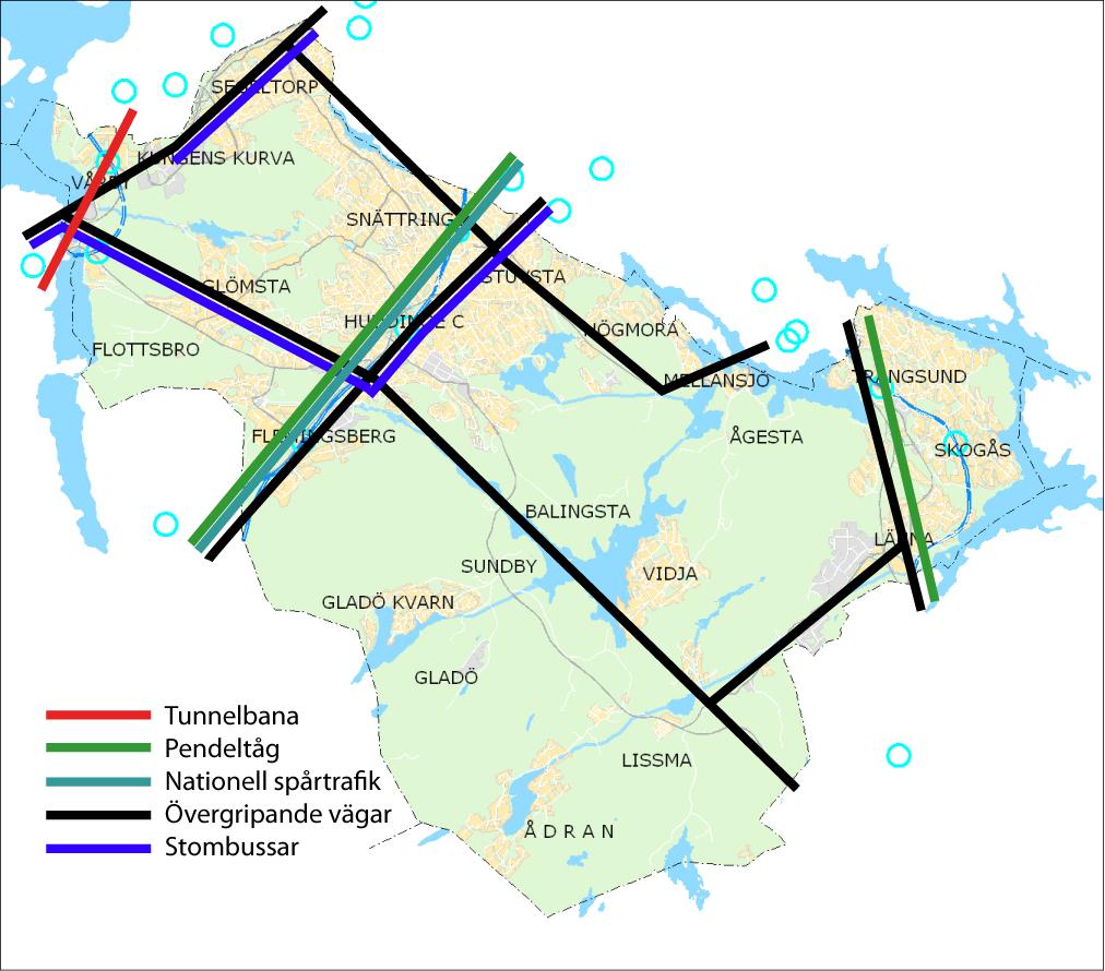 Bilaga 4: Nulägesbeskrivning 9.2. Trafiksystem Trafiksystemet i Huddinge och nuvarande markanvändning har i hög grad utvecklats under 1900-talet, framförallt runt det radiella väg- och järnvägsnätet.