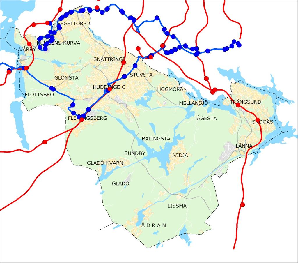 Bilaga 4: Nulägesbeskrivning Nedanstående bild illustrerar spår och stombusslinjer samt stations- och hållplatslägen i Huddinge kommun.