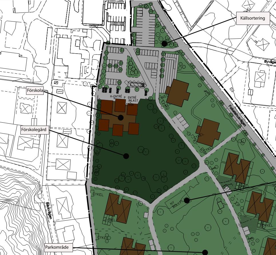 Figur 1. Planerad byggnation 6 Befintliga förhållanden 6.1 Mark, vegetation och topografi Området utgörs av dels en befintlig fotbollsplan och dels en parkeringsyta samt parkmark.