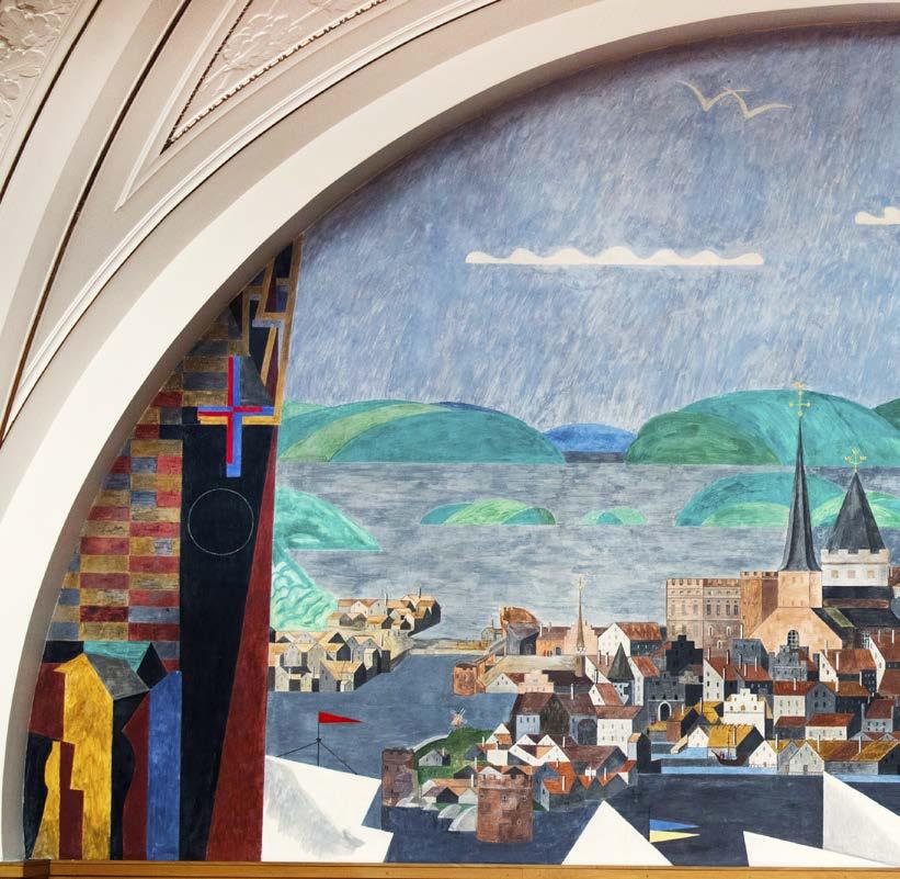 Det medeltida Stockholm från 1958 är en av Otte Skölds tre stora väggmålningar i Förstakammarsalen.