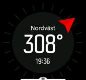 Kurs i grader Tid på dagen (lokal tid) eller batterinivå. Tryck på skärmen för att växla mellan dessa Dra åt höger eller håll mittknappen intryckt för att avsluta kompassen.