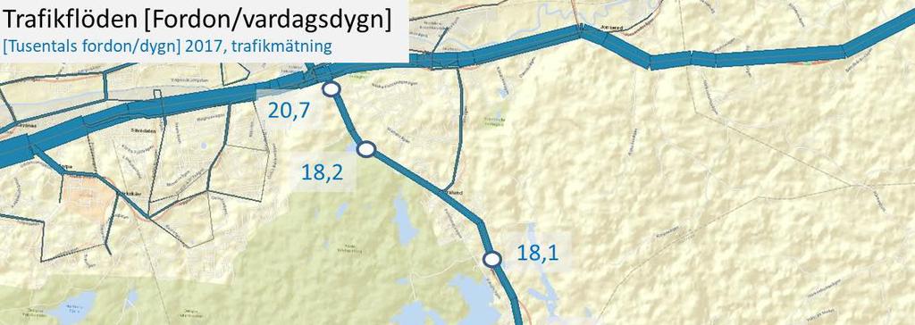 28 (74) 4.3 Trafiksituation på Landvettervägen Partillevägen i dagsläget Inom ramen för denna ÅVS genomfördes i maj 2017 uppdaterade slangmätningar i flera snitt och korsningspunkter längs vägen.