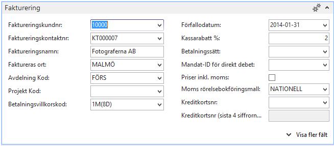 Fältförklaring fliken Fakturering: Faktureras kundnr Avdelning Kod Projekt Kod Betalningsvillkorskod Förfallodatum Detta kundnr är samma som på fliken allmänt i det fall någon avvikande fakturaadress