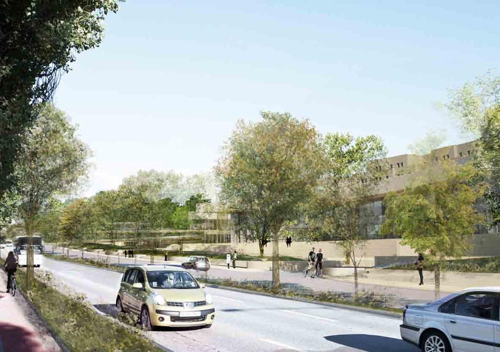 Planförslag Figur 4.1.4 Föreslagen utformning av Entréparken med dagvattendamm. Vy mot nordväst. munikationerna mellan universitetsområdena och stadens centrum. Se vidare avsnitt 4.3.
