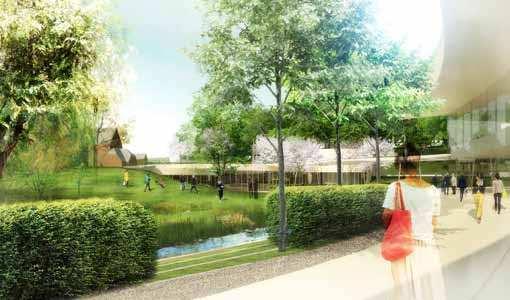 planförslag Figur 4.1.4 Föreslagen utformning av Entréparken med dagvattendamm. Vy mot nordväst. munikationerna mellan universitetsområdena och stadens centrum. Se vidare avsnitt 4.3.