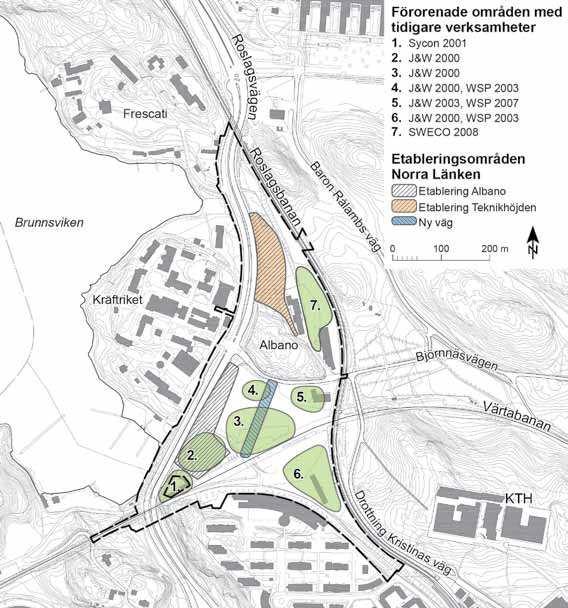 72 MKB Albano Figur 5.5.2. Områden med tidigare verksamheter inom Albano, samt beintliga etableringsområden för Norra länken.