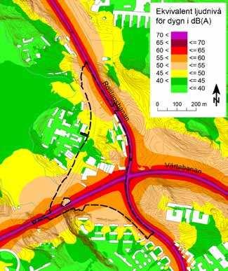 10.1 Ekvivalent ljudnivå från vägtraik 2 meter över mark i programområdet. Från ÅF-Ingemansson (2006) Nationalstadsparken. Uppdatering av bullerkartläggning.
