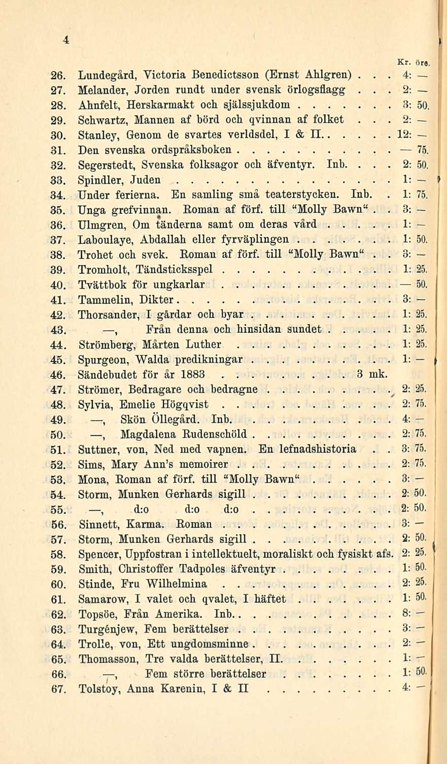 2: 1: 3: 4 2: 3; Kr öre 26 Lundegård, Victoria Benedictsson (Ernst Ahlgren) 4: 27 Melander, Jorden rundt under svensk örlogsfiagg 2: 28 Ahnfelt, Herskarmakt och själssjukdom S: 50 29 Schwartz, Mannen