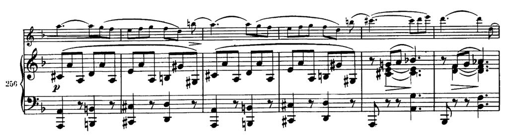Presto agitato Satsen bryter ut i ett energiskt tema i pianot med violinen som stöd. Taktarten är 6/8 vilket styrker påståendet att den har en tarantellalik karaktär.