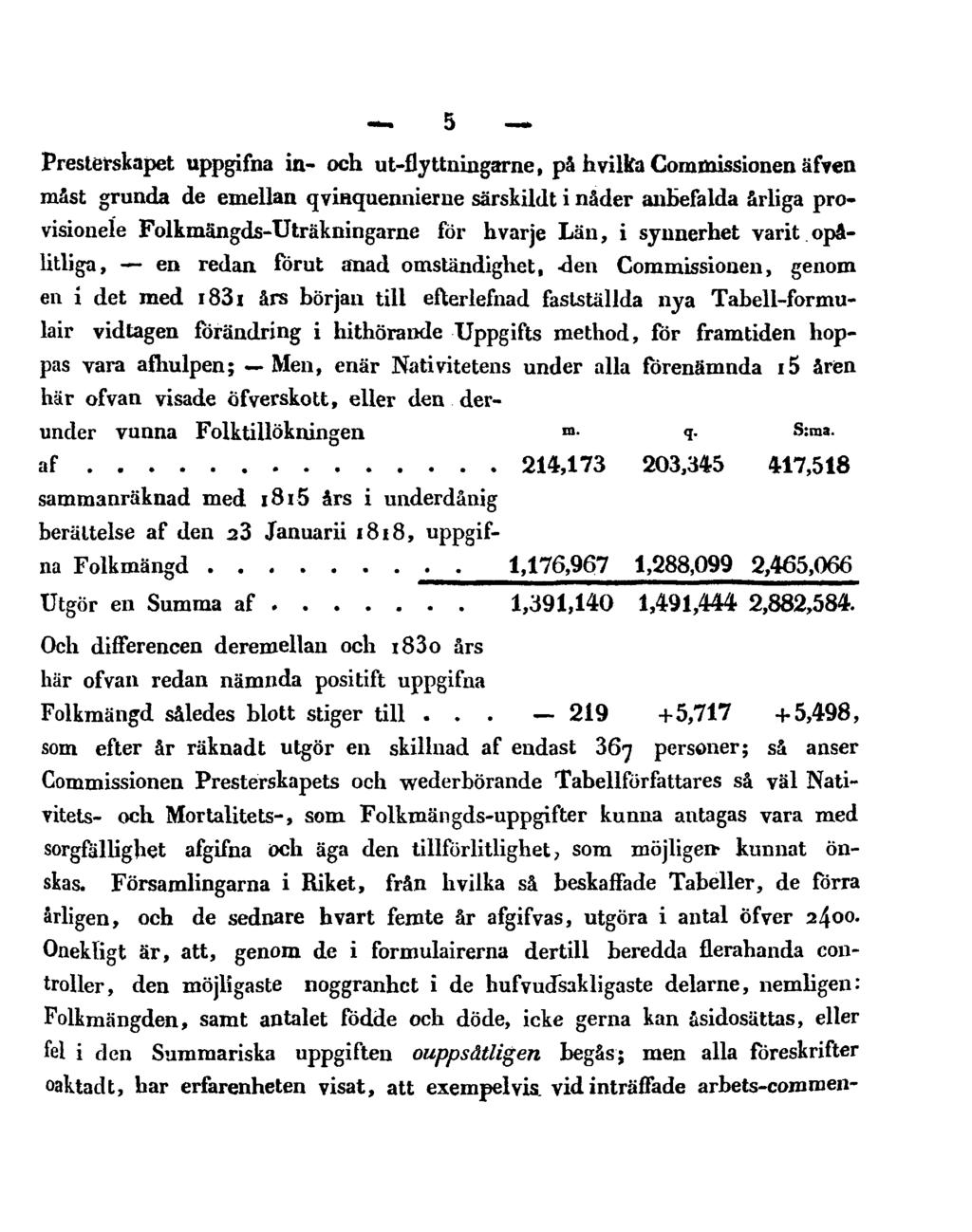5 Presterskapet uppgifna in- och ut-flyttningarne, på hvilka Commissionen äfven måst grunda de emellan qvinquennieme särskildt i nåder anbefalda årliga provisionele Folkmängds-Uträkningarne för