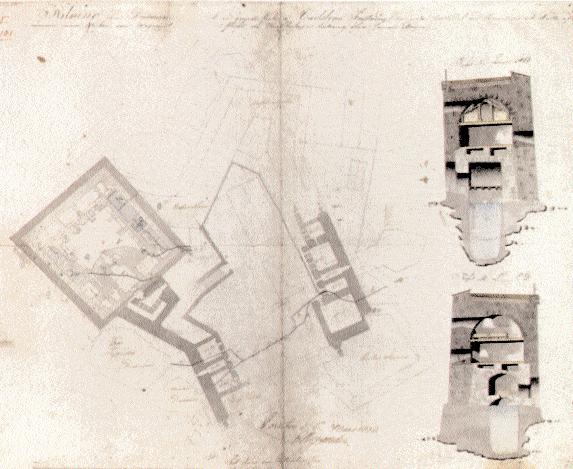 Dokumentation från 1818 av dräneringssystemet inom Carlstens fästning. Dräneringskanaler och våta utrymmen är återgivna i blå färg. Till höger visas sektioner genom Fyrkanten vid de två brunnarna.