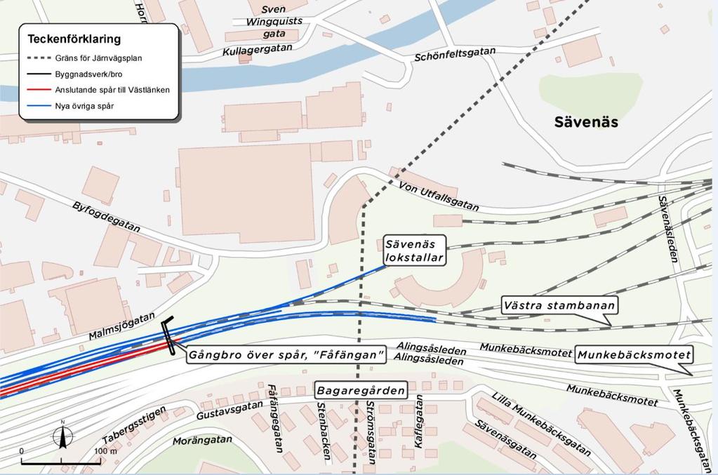 Illustration av delsträckan Sävenäs lokstallar - Gustavsplatsen. Från järnvägsplan.