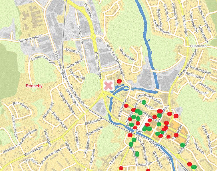 Placeringskarta över viss typ av verksamhet Röd markering: pizzeria, kebab eller annan restaurang (22 st) Grön markering: