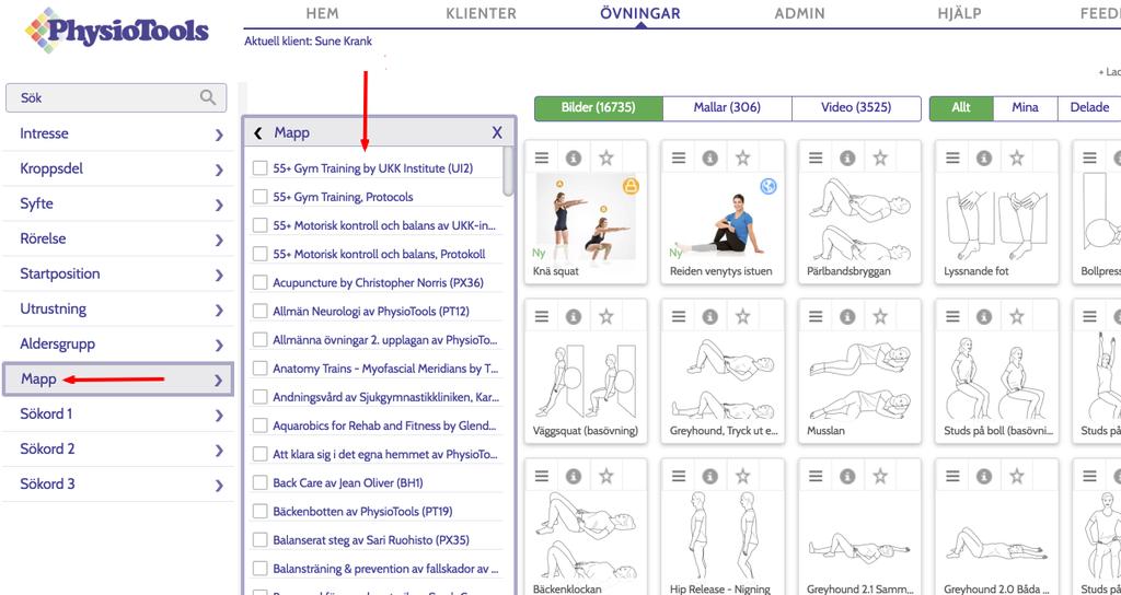 Efter rubriken Tillgängliga filtersystem: klickar du i dropplistan och väljer PhysioTools standard + Mapp + Ord och sedan på knappen OK i nedre delen av fönstret.