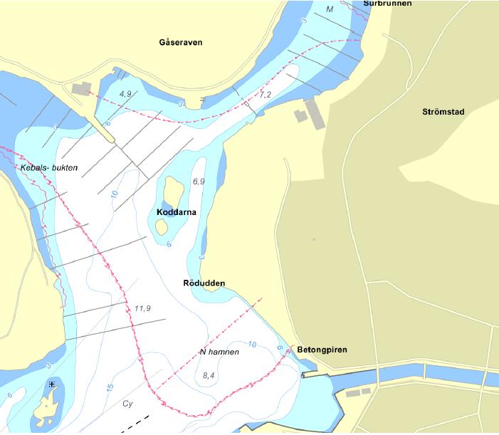 VA-ledningar från Nötholmen Figur 2: Sjökortsutdrag över Kebalbukten och Bojarkilen.