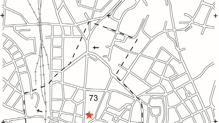 Figur 1. Lunds medeltida stad, fornlämning Lund 73:1, med platsen för aktuell undersökning markerad med en röd stjärna.