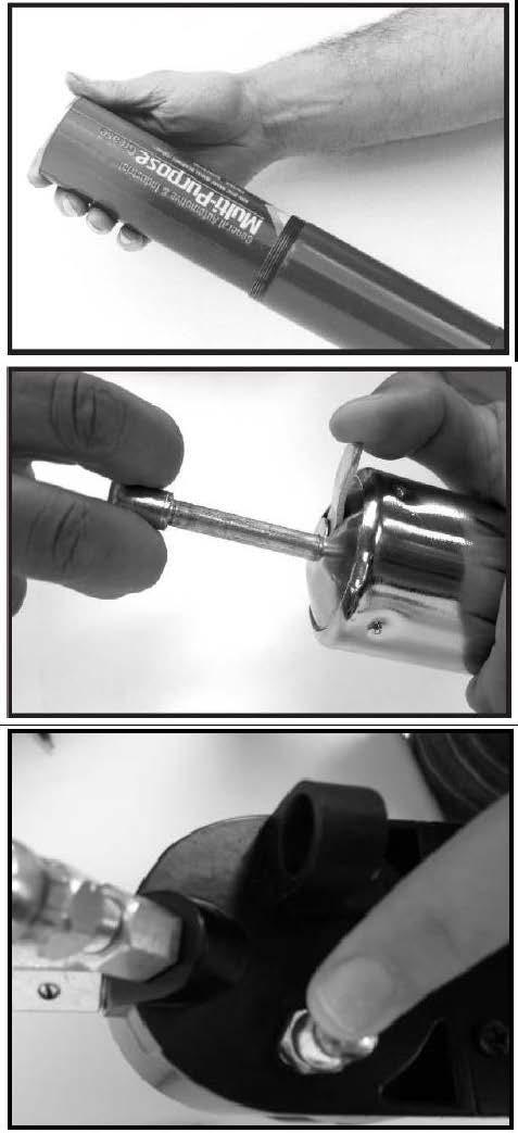 Inserting the grease cartridge: Loosen the cartridge case to avoid a vacuum when the piston rod is pulled back. Pull the piston right back with the drawbar.