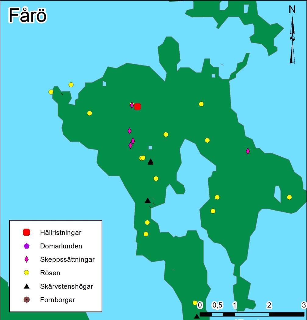 4.3.2 Fårö På Fårö finns det färre fornlämningar från bronsåldern än i Lärbro och de är mer utspridda över ön. Fornlämningarna är rösen, skeppssättningar, och skärvstenshögar (figur 7).