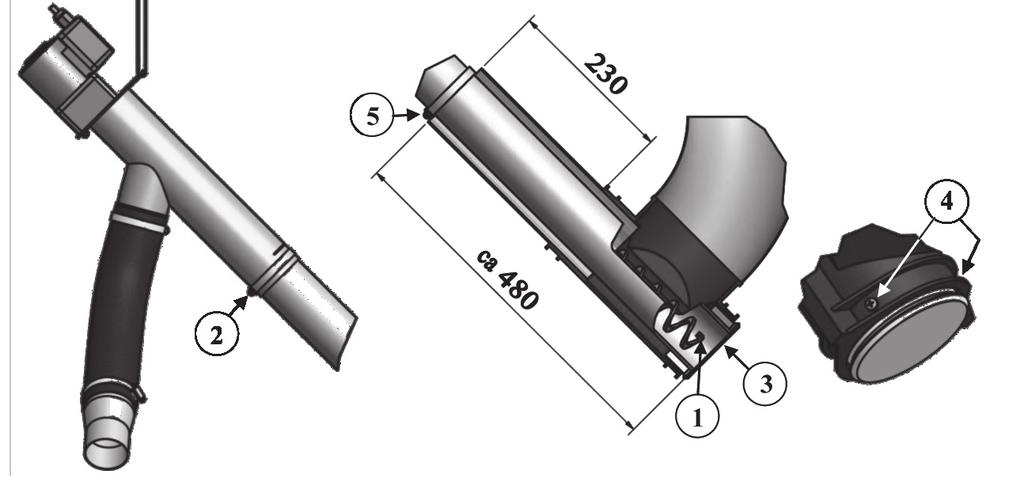 Montering av skruvtransportör Ø75, 1.7 och 2.5 m, montering i Mafa Micro-, Mini- eller Midiförråd. Kontrollera att spiralen ligger 15-25 mm innanför plaströret (1).