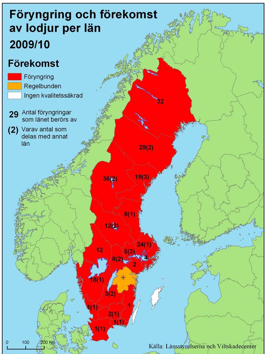 Figur 2. Förekomst och antal registrerade säkra och misslyckade föryngringar (familjegrupper) av lodjur per län under inventeringssäsongen 2009/10.